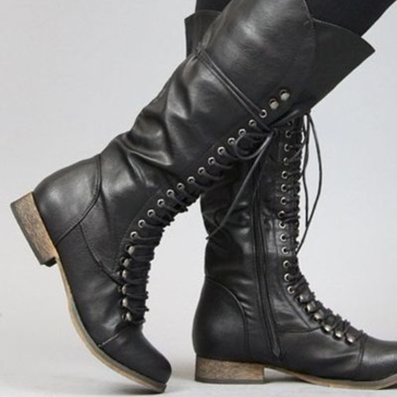 Breckelles Shoes - Black leather tall army combat boots